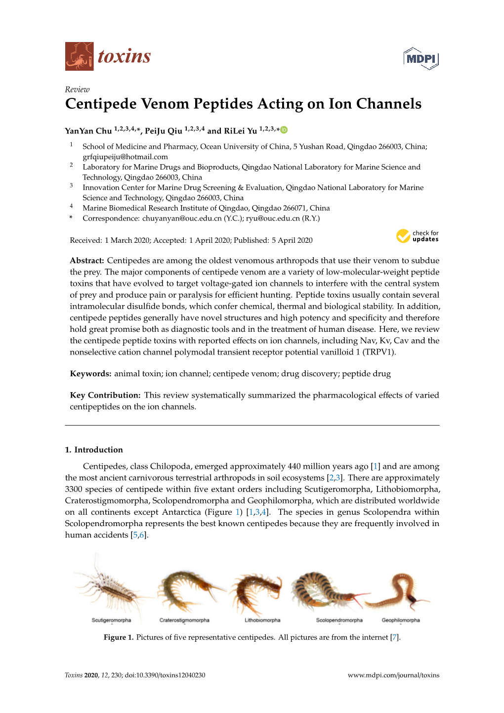 Centipede Venom Peptides Acting on Ion Channels