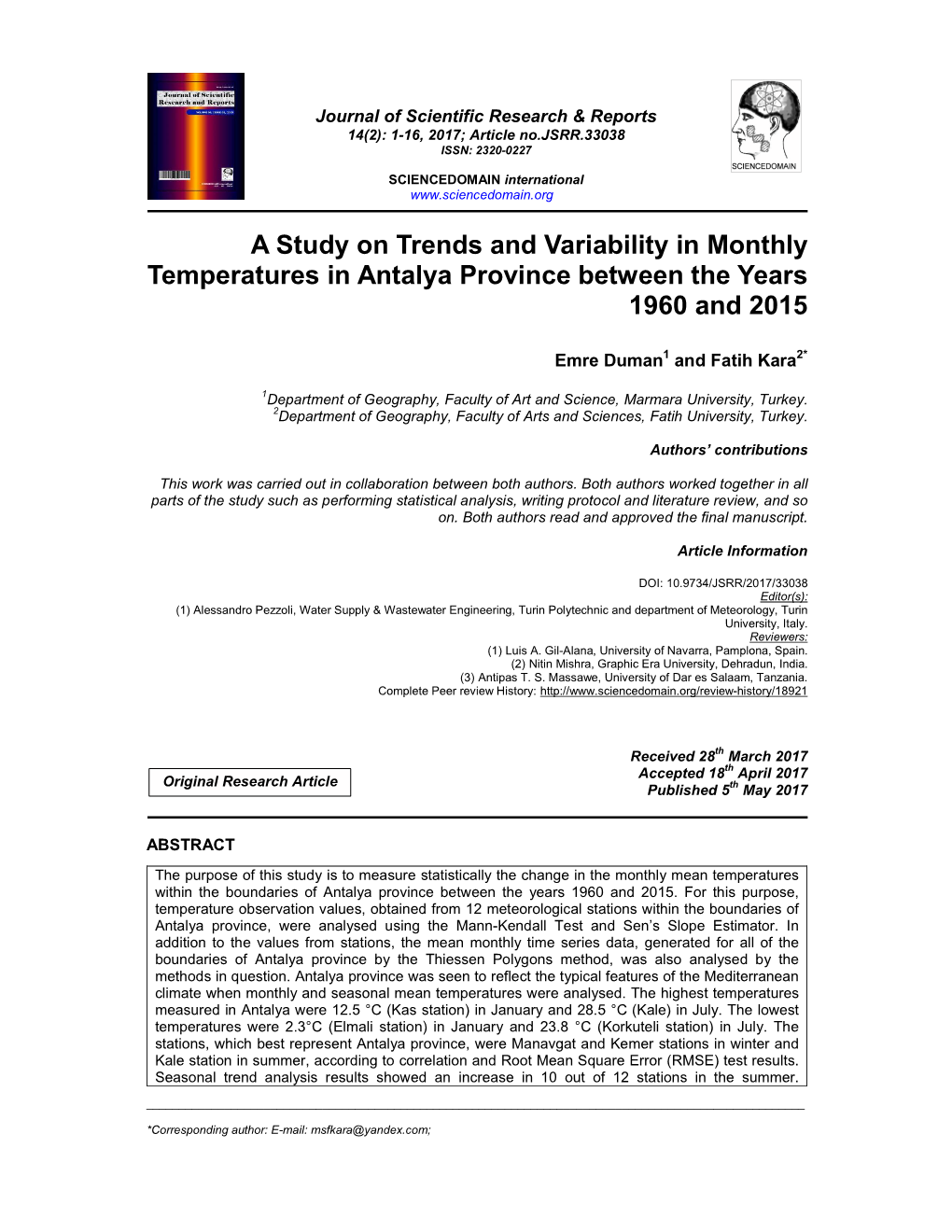 A Study on Trends and Variability in Monthly Temperatures in Antalya Province Between the Years 1960 and 2015