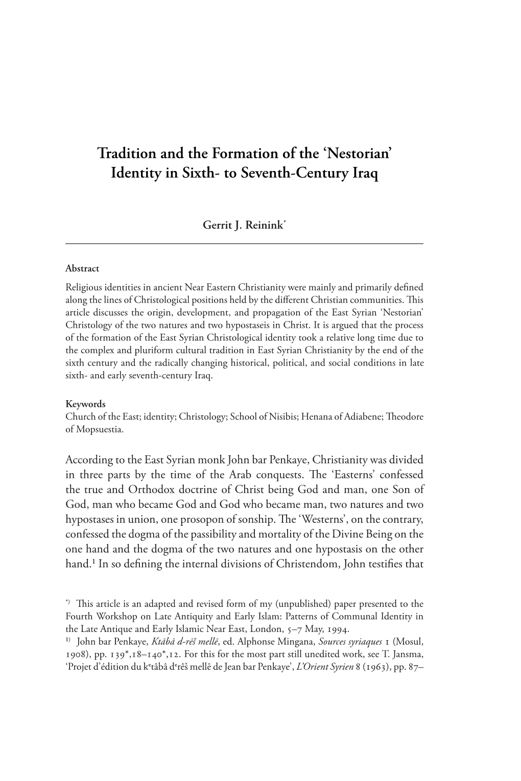 'Nestorian' Identity in Sixth- to Seventh-Century Iraq