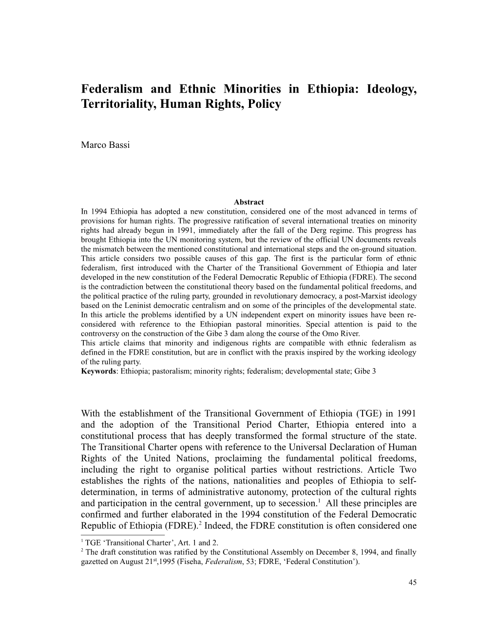 Federalism and Ethnic Minorities in Ethiopia: Ideology, Territoriality, Human Rights, Policy