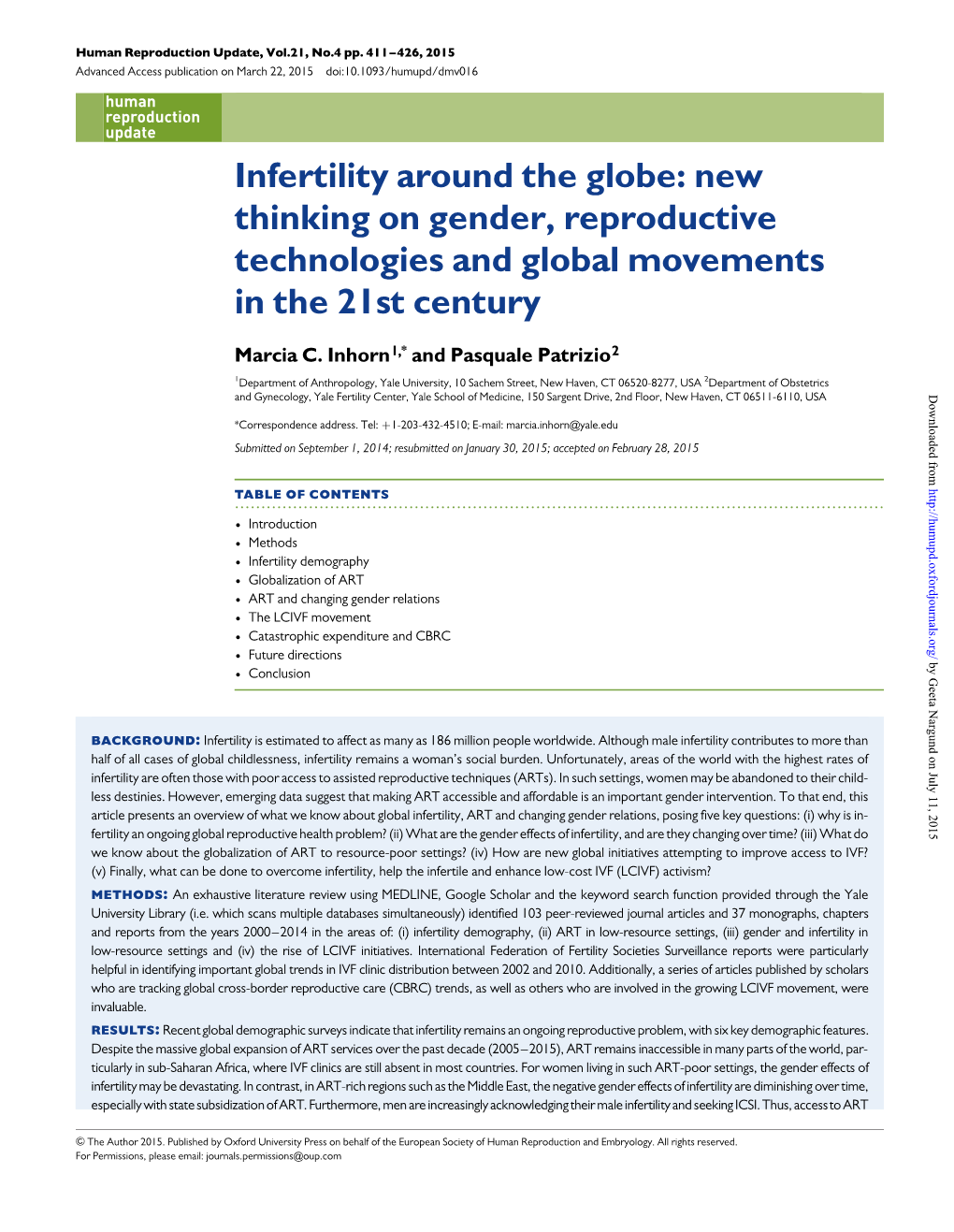 Infertility Around the Globe: New Thinking on Gender, Reproductive Technologies and Global Movements in the 21St Century