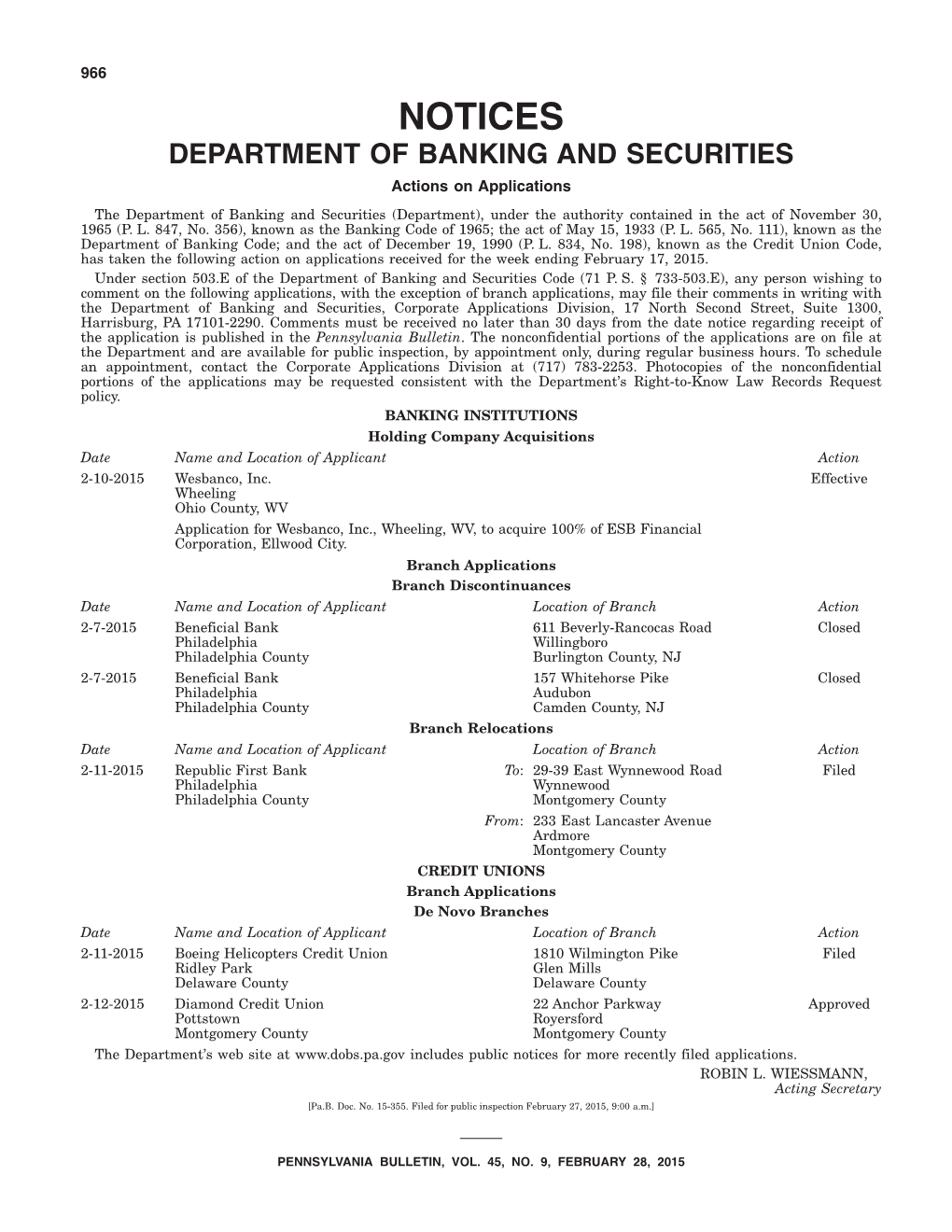 DEPARTMENT of ENVIRONMENTAL PROTECTION Applications, Actions and Special Notices