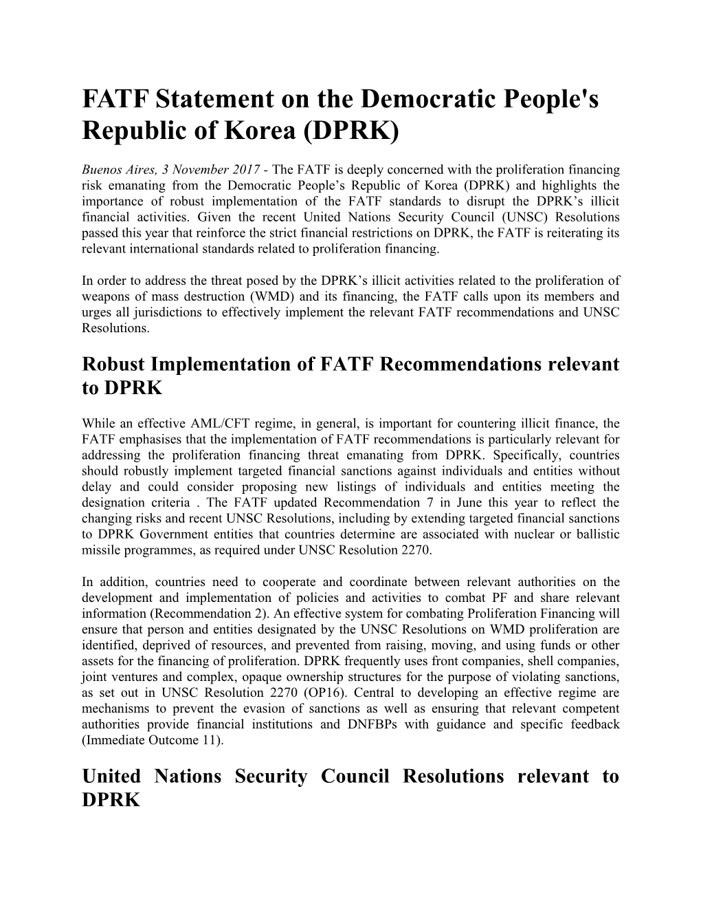 FATF Statement on the Democratic People's Republic of Korea (DPRK)