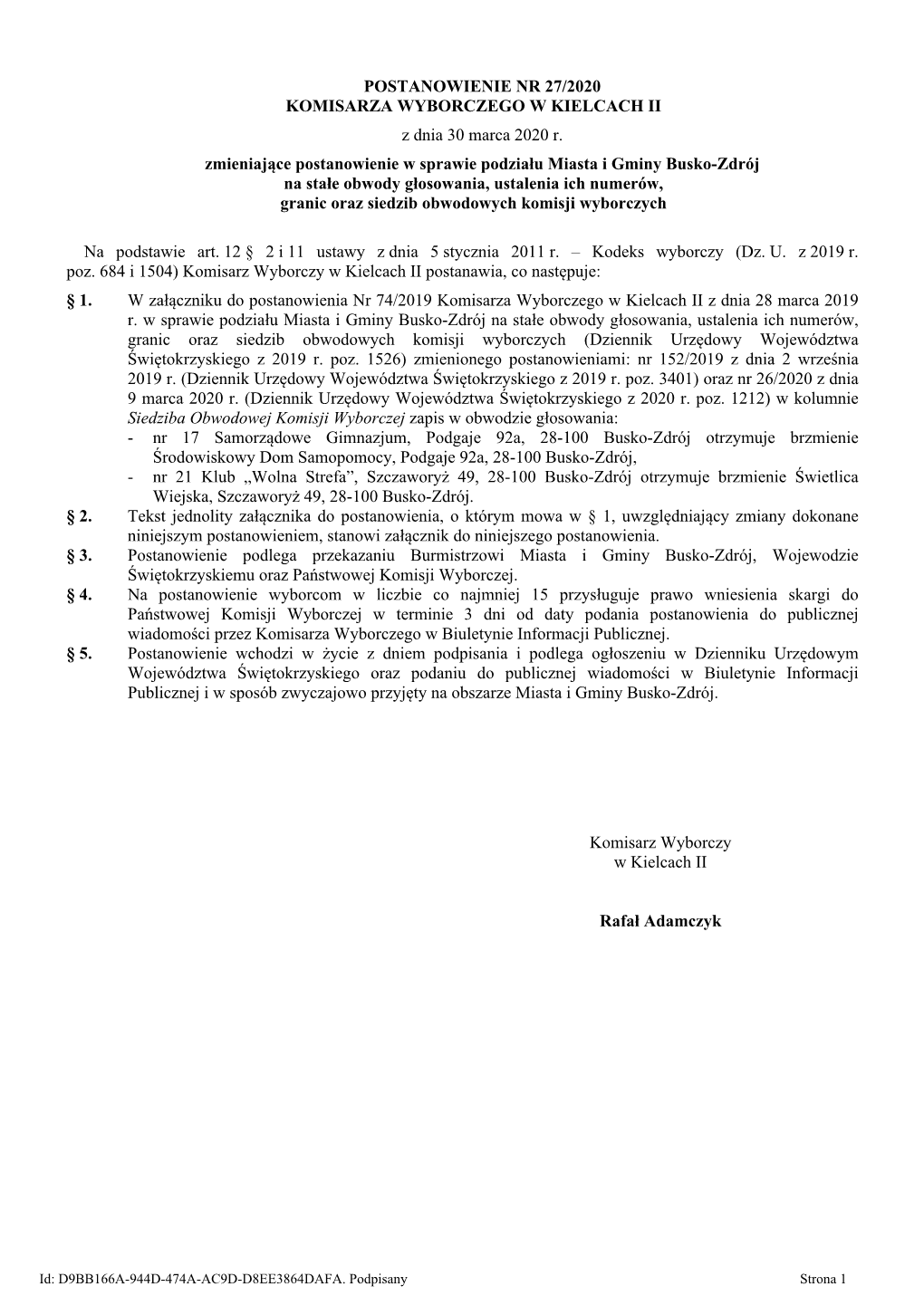 Busko-Zdrój Na Stałe Obwody Głosowania, Ustalenia Ich Numerów, Granic Oraz Siedzib Obwodowych Komisji Wyborczych