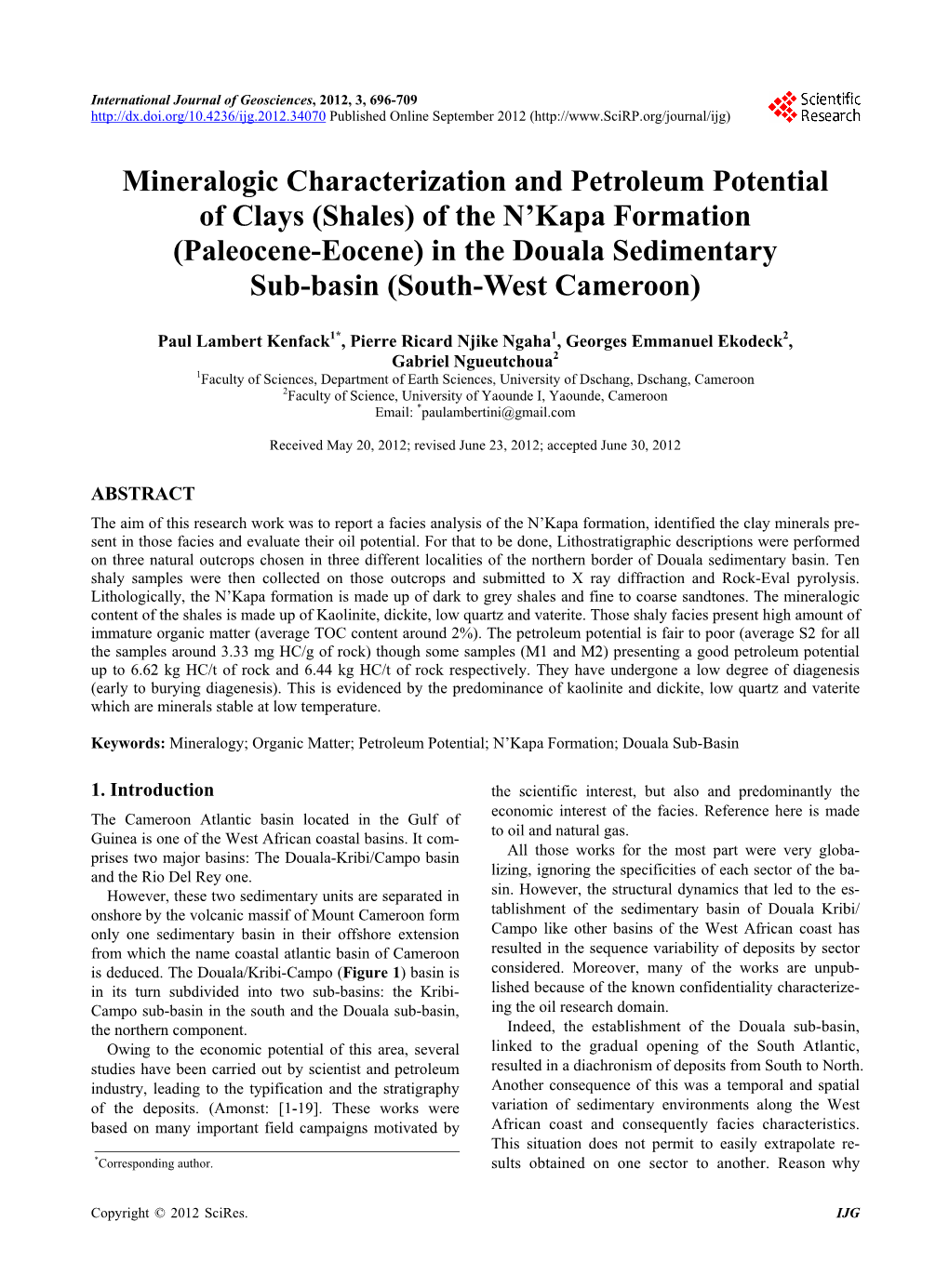 Mineralogic Characterization and Petroleum Potential of Clays