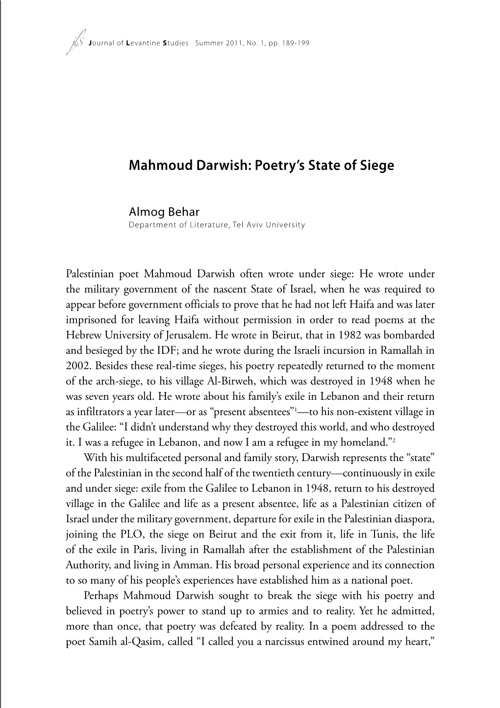 Mahmoud Darwish: Poetry's State of Siege