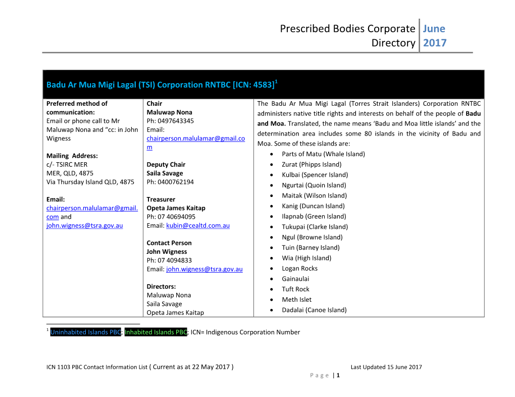 Prescribed Bodies Corporate Directory June 2017