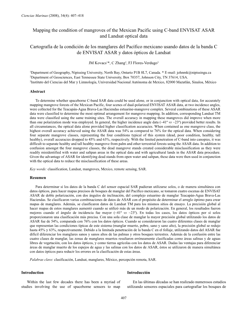 Mapping the Condition of Mangroves of the Mexican Pacific Using C-Band ENVISAT ASAR and Landsat Optical Data