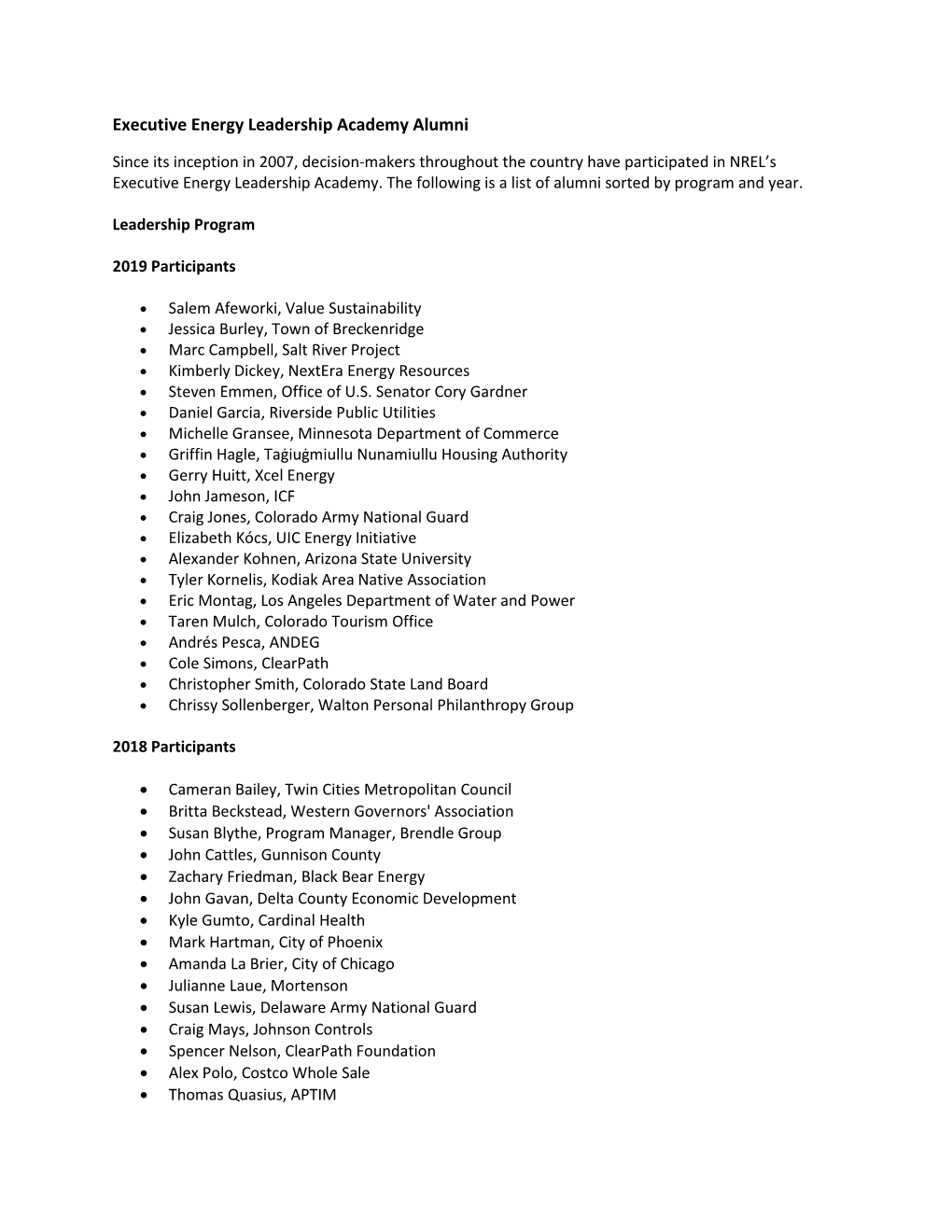 Executive Energy Leadership Academy Alumni List