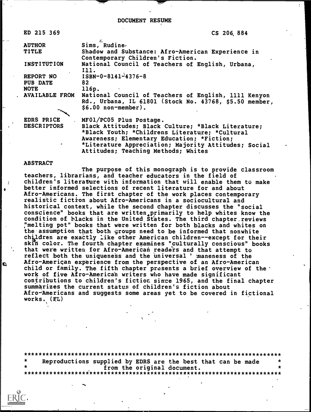 ED 215 369 AUTHOR TITLE REPORT NO PUB DATE AVAILABLE from EDRS PRICE DESCRIPTORS DOCUMENT RESUME Sims, Rudine Shadow and Substan