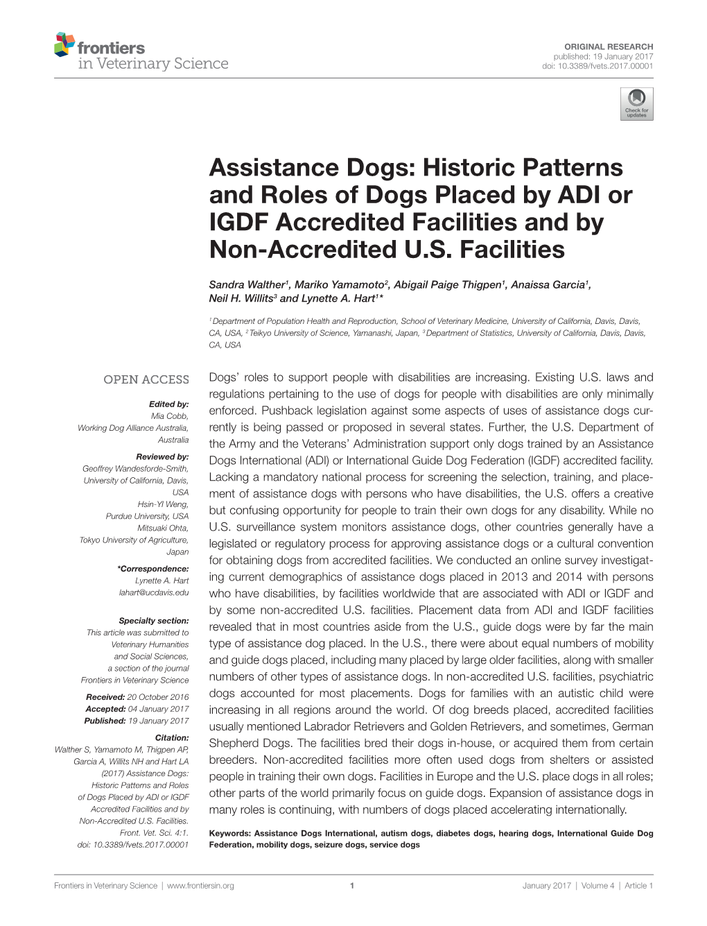 Assistance Dogs: Historic Patterns and Roles of Dogs Placed by Adi Or Igdf Accredited Facilities and by Non-Accredited U.S