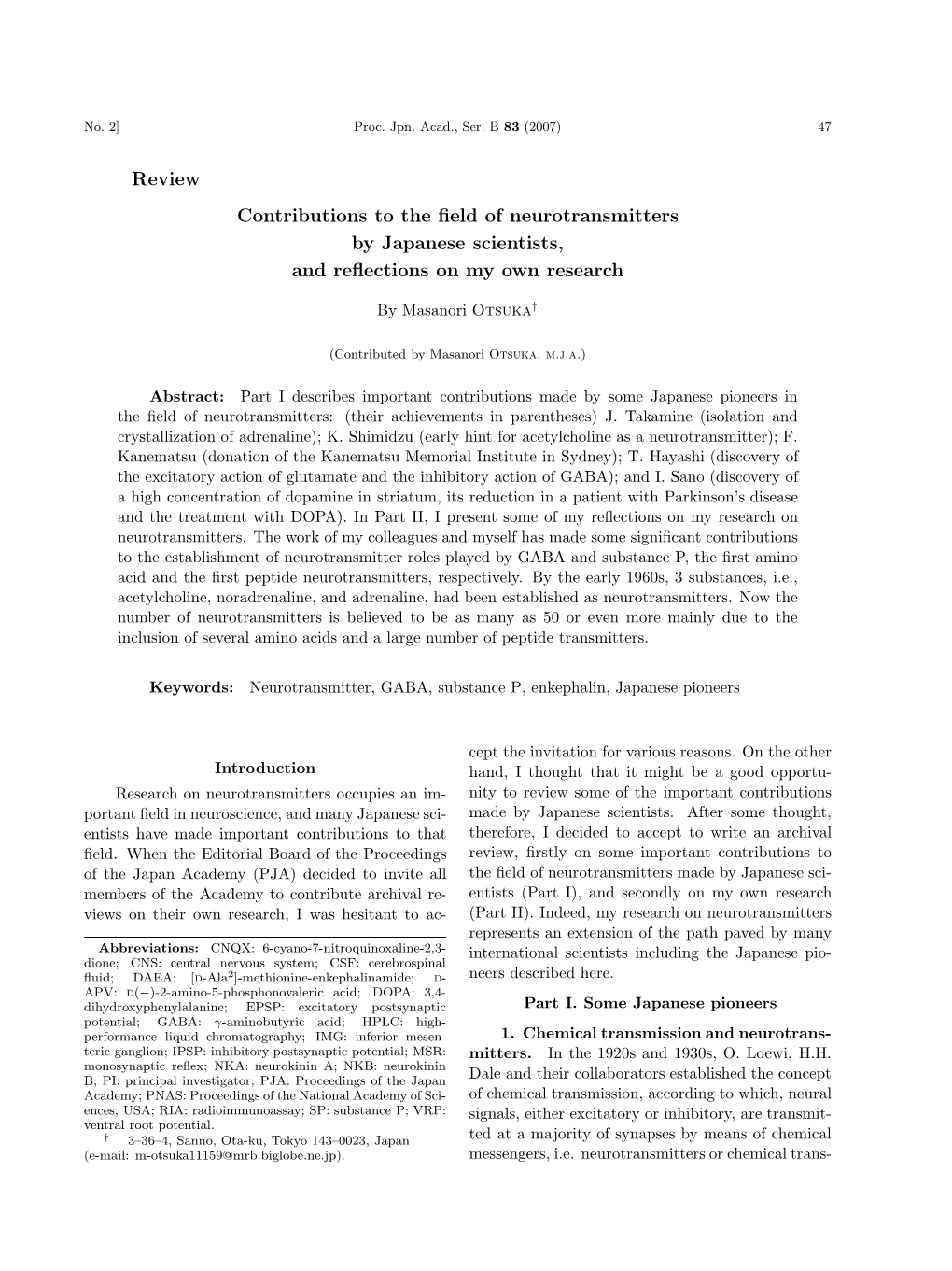 Review Contributions to the Field of Neurotransmitters by Japanese Scientists, and Reflections on My Own Research