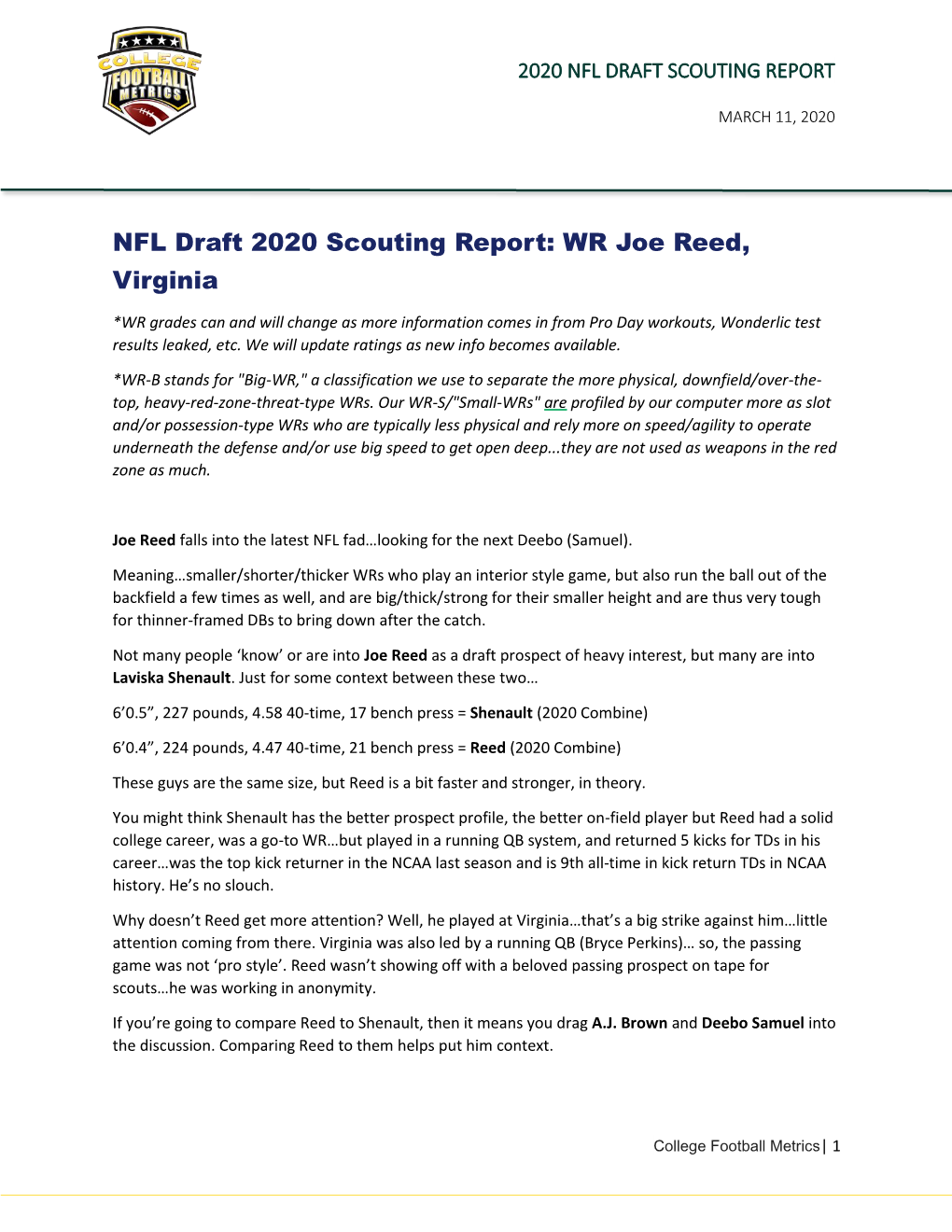 NFL Draft 2020 Scouting Report: WR Joe Reed, Virginia