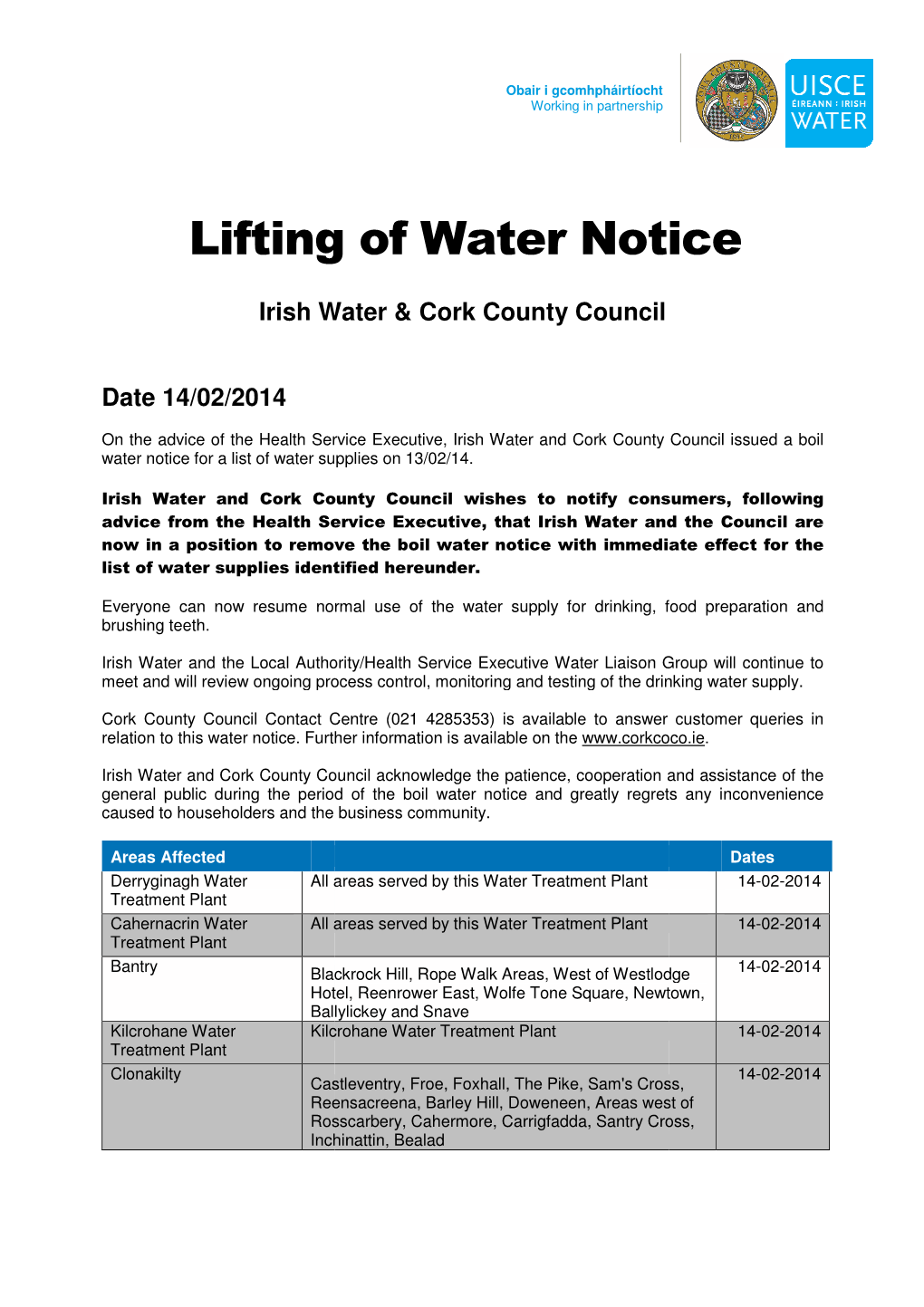 Cork County Council – Lifting of Water Notice