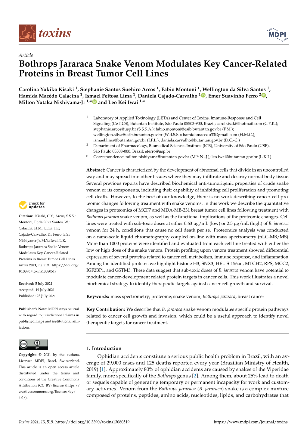 Bothrops Jararaca Snake Venom Modulates Key Cancer-Related Proteins in Breast Tumor Cell Lines