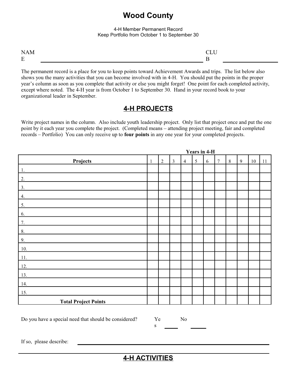 4-H Member Permanent Record