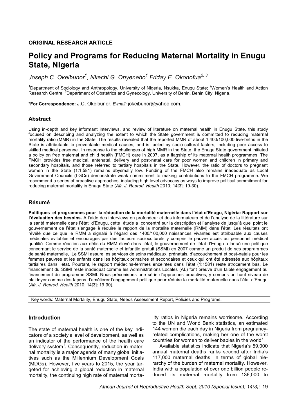 Policy and Programs for Reducing Maternal Mortality in Enugu State, Nigeria