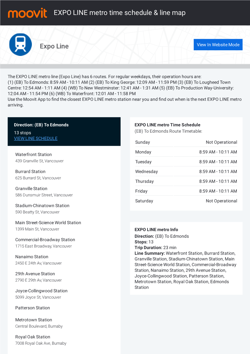 EXPO LINE Metro Time Schedule & Line Route