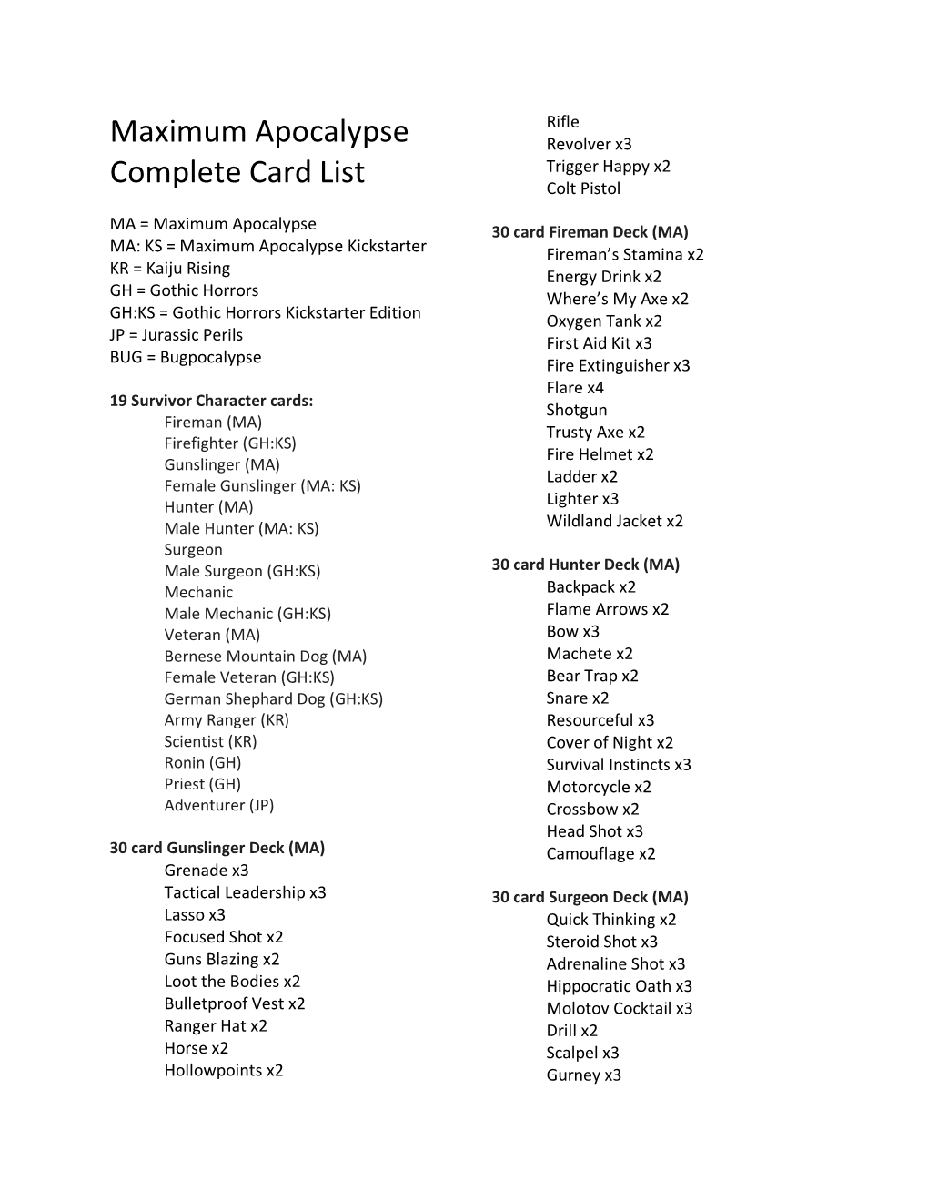 Maximum Apocalypse Complete Card List