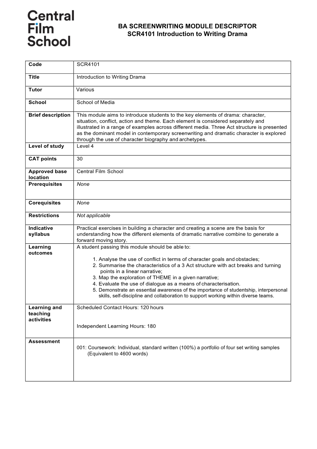 BA SCREENWRITING MODULE DESCRIPTOR SCR4101 Introduction to Writing Drama