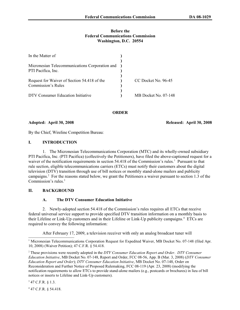 Federal Communications Commission DA 08-1029