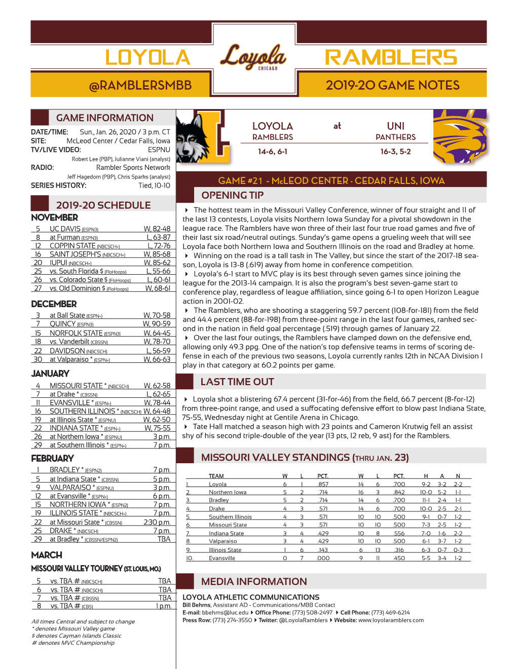 Loyola Ramblers @Ramblersmbb 2019-20 Game Notes