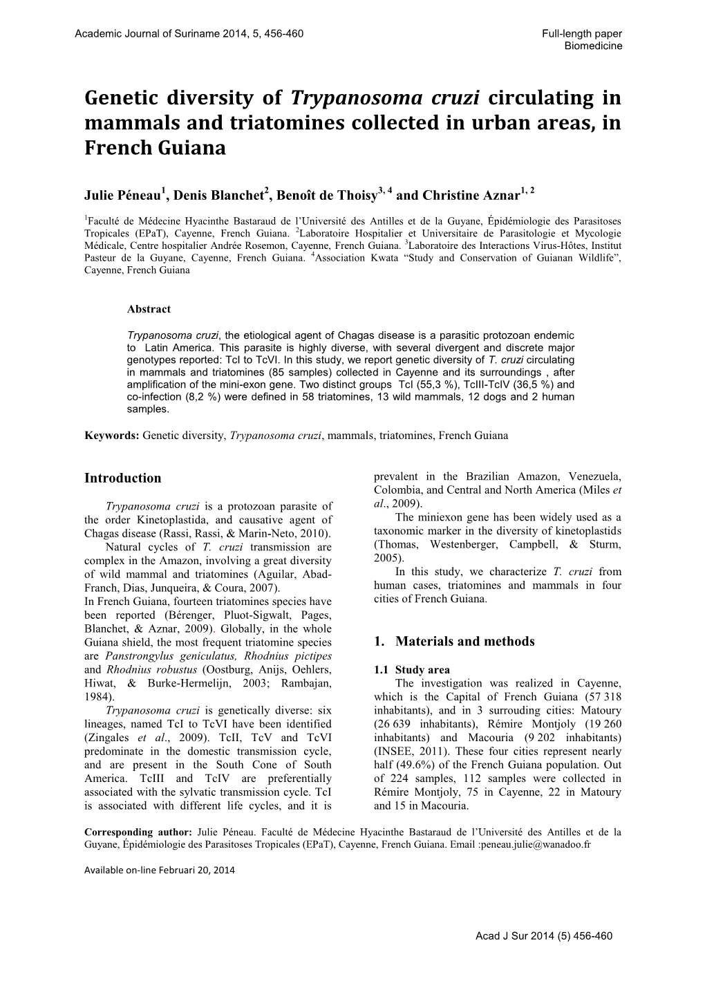 Trypanosoma Cruzi in French Guiana 458