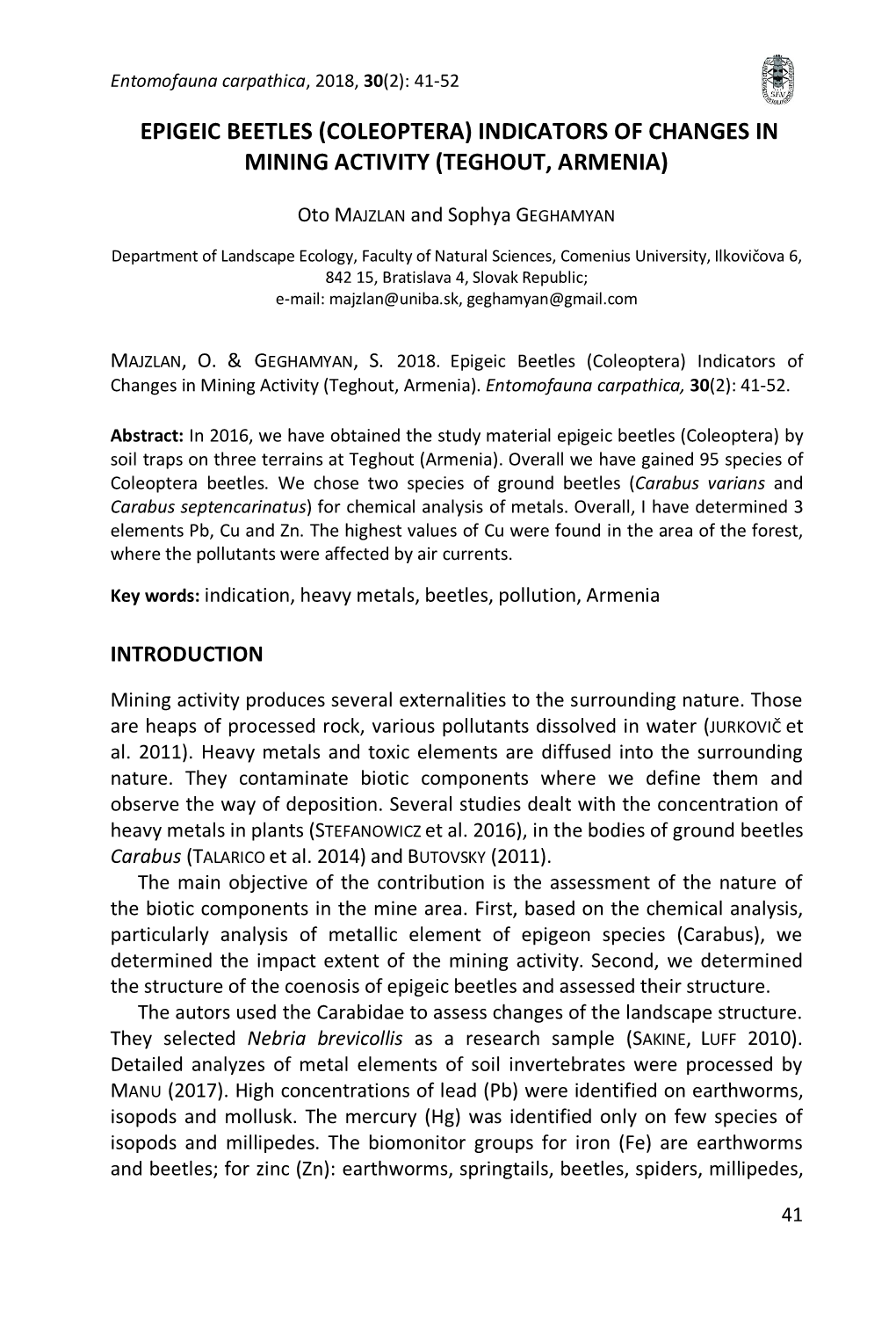 Epigeic Beetles (Coleoptera) Indicators of Changes in Mining Activity (Teghout, Armenia)