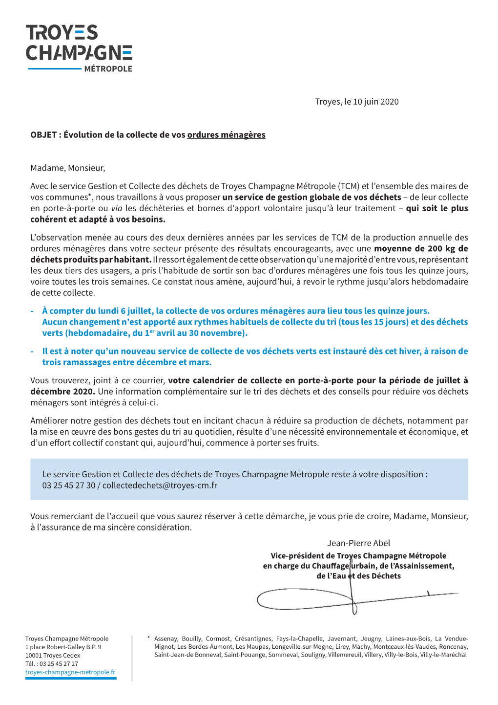 Troyes, Le 10 Juin 2020 OBJET : Évolution De La Collecte De Vos