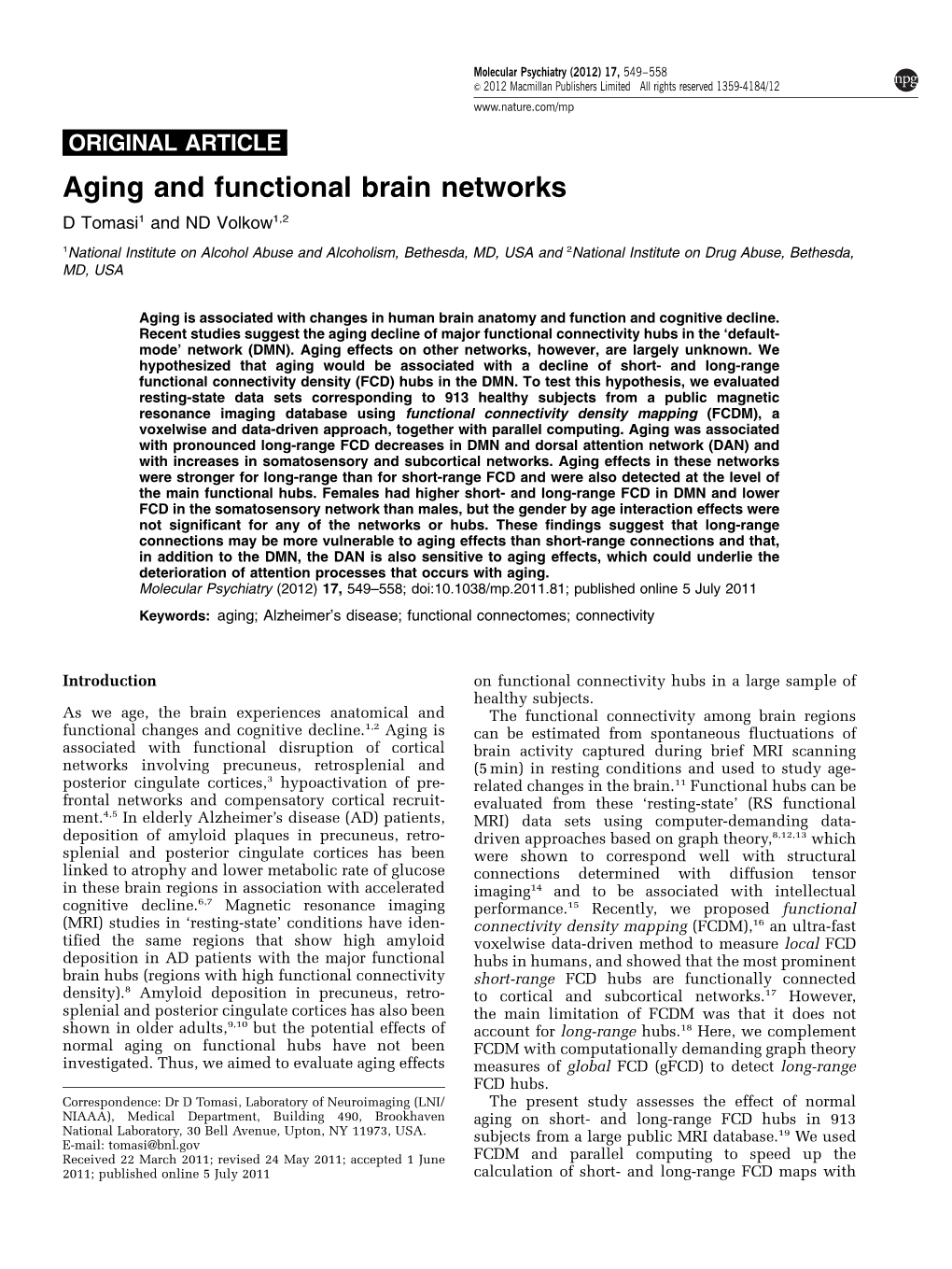 Aging and Functional Brain Networks