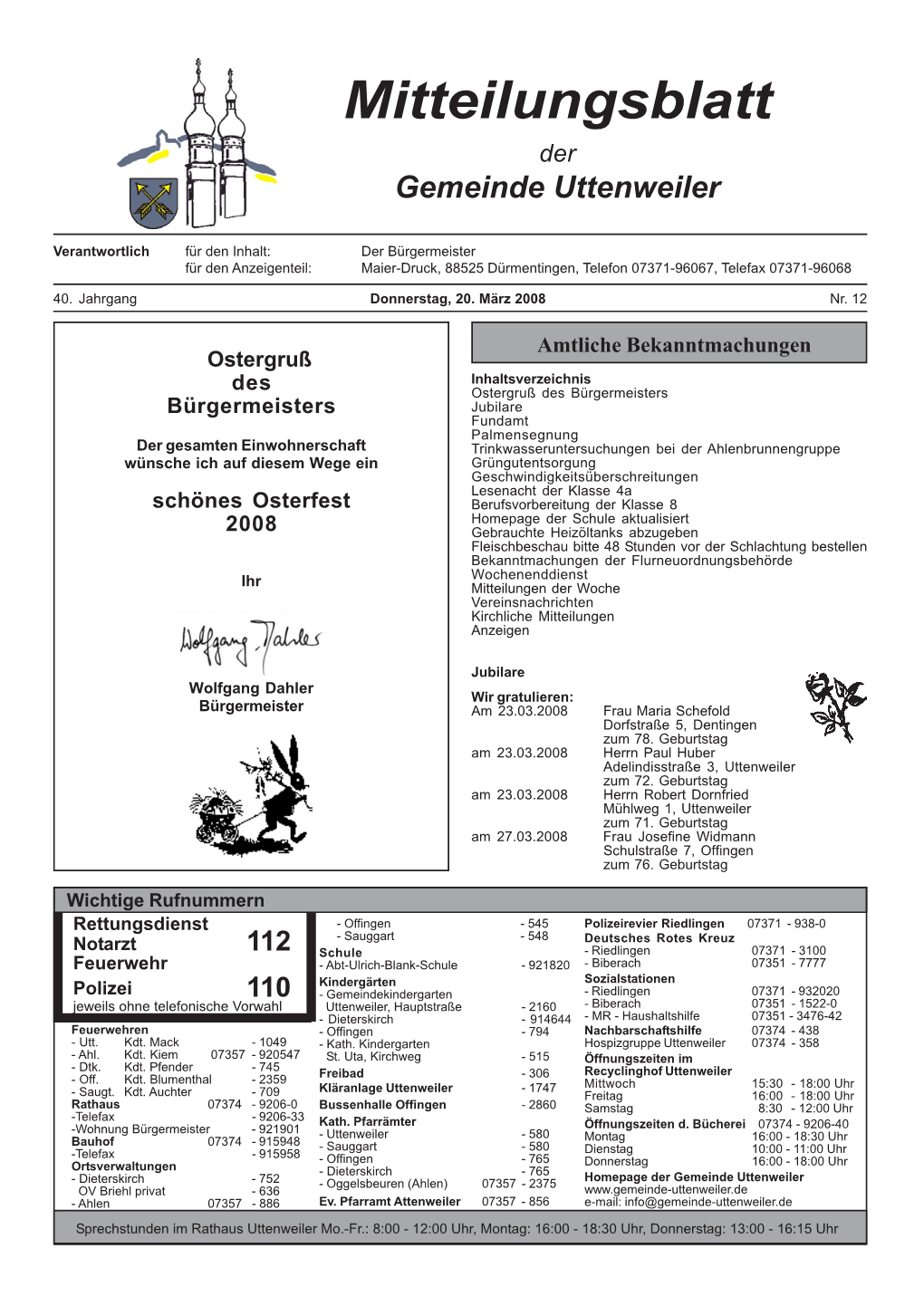 Mitteilungsblatt Der Gemeinde Uttenweiler