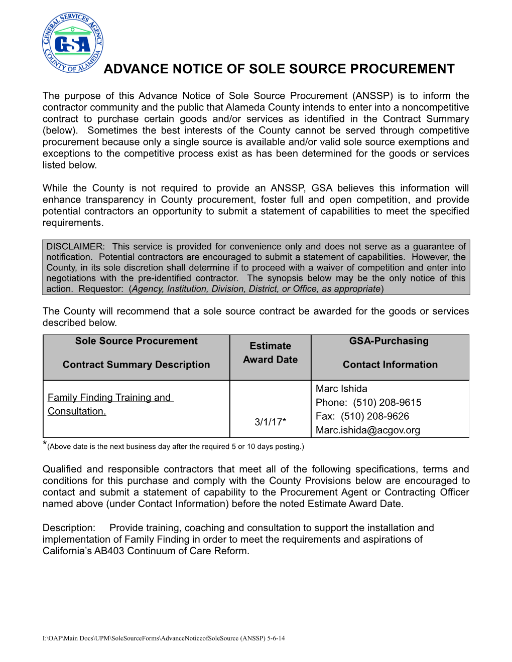 Advance Notice of Sole Source Procurement s2