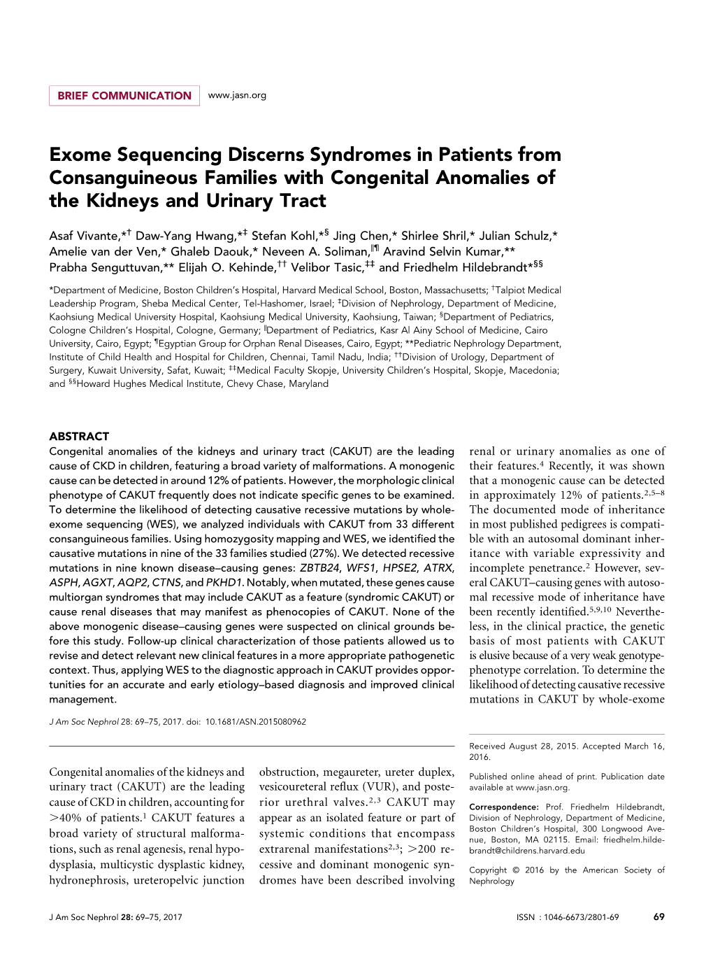 Exome Sequencing Discerns Syndromes in Patients from Consanguineous Families with Congenital Anomalies of the Kidneys and Urinary Tract