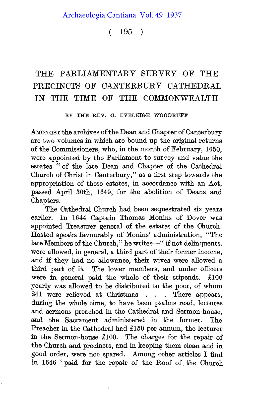 The Parliamentary Survey of the Precincts of Canterbury Cathedral in the Time of the Commonwealth