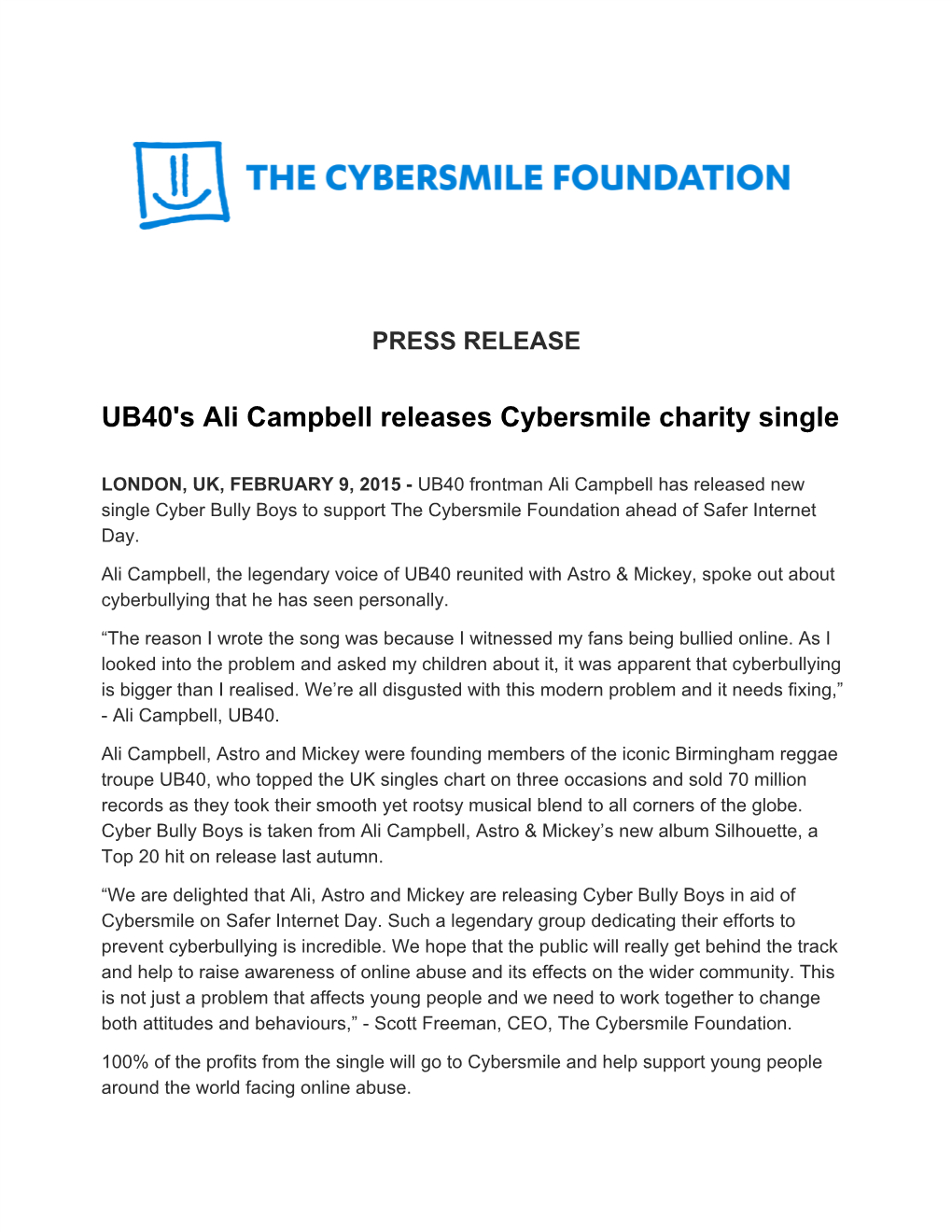 UB40's​ ​Ali​ ​Campbell​ ​Releases​ ​Cybersmile