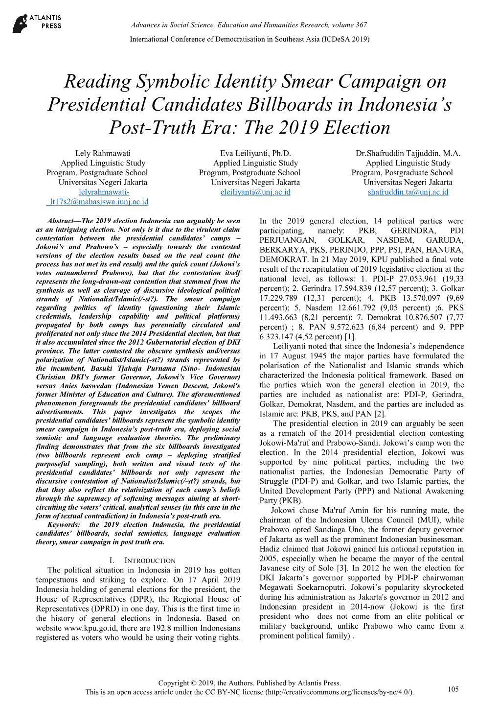 Reading Symbolic Identity Smear Campaign on Presidential Candidates Billboards in Indonesia’S Post-Truth Era: the 2019 Election