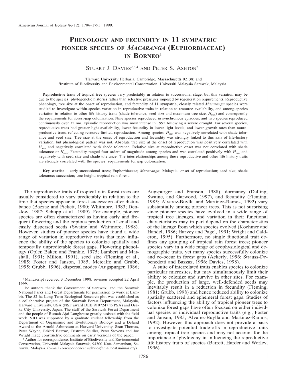 Phenology and Fecundity in 11 Sympatric Pioneer Species of Macaranga (Euphorbiaceae) in Borneo1