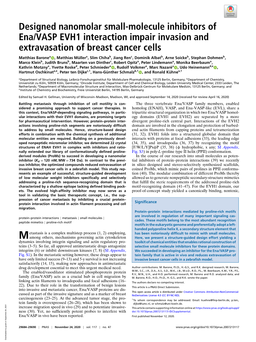 Designed Nanomolar Small-Molecule Inhibitors of Ena/VASP EVH1 Interaction Impair Invasion and Extravasation of Breast Cancer