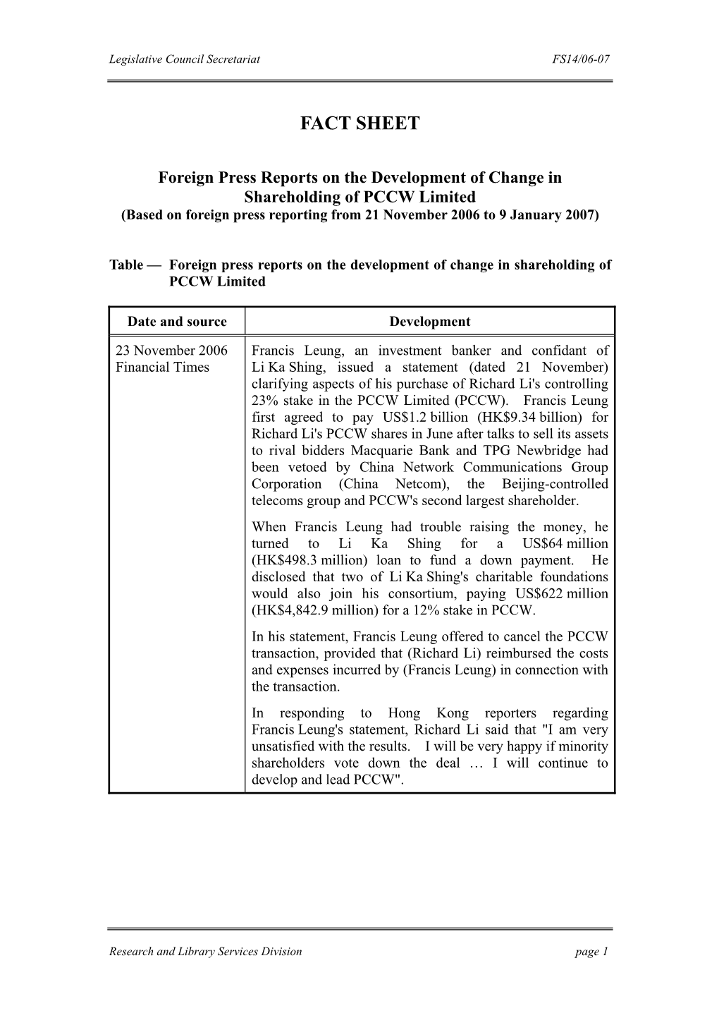 Foreign Press Reports on the Development of Change in Shareholding of PCCW Limited (Based on Foreign Press Reporting from 21 November 2006 to 9 January 2007)