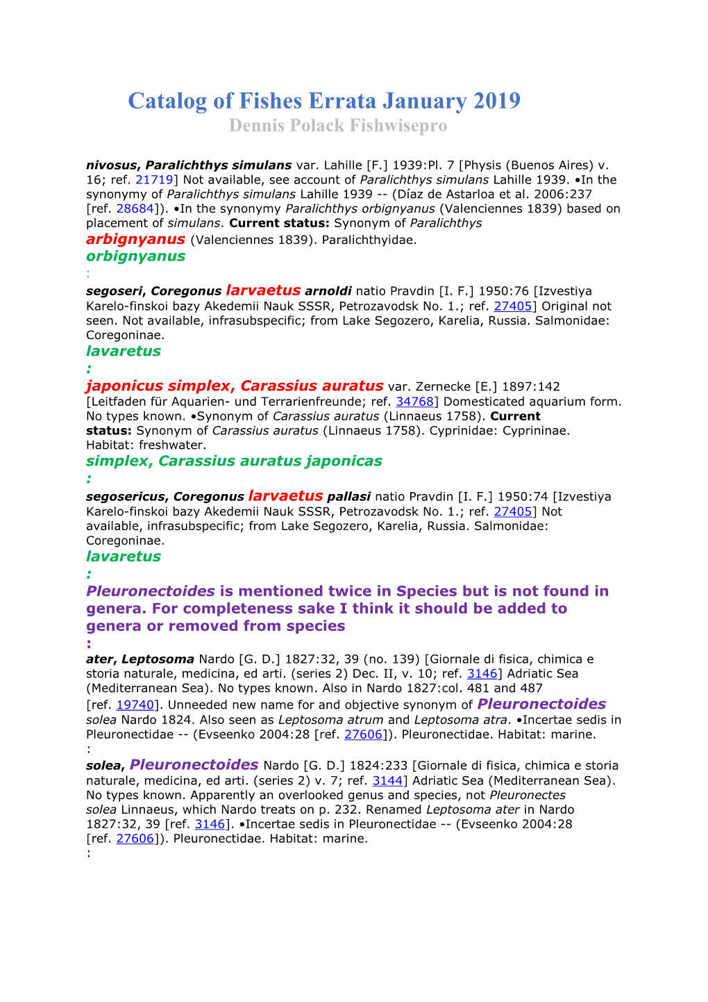 Catalog of Fishes Errata January 2019 Dennis Polack Fishwisepro Nivosus, Paralichthys Simulans Var