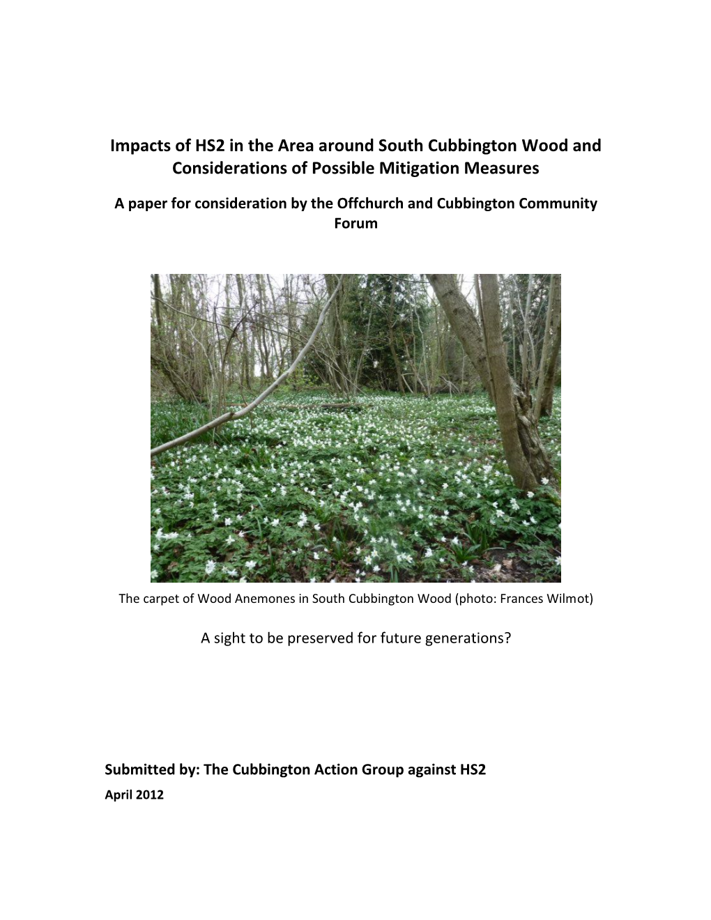 Impacts of HS2 in the Area Around South Cubbington Wood and Considerations of Possible Mitigation Measures