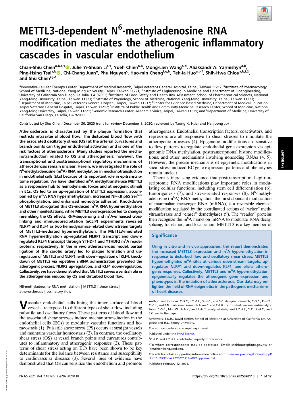 METTL3-Dependent N6-Methyladenosine RNA Modification Mediates the Atherogenic Inflammatory Cascades in Vascular Endothelium