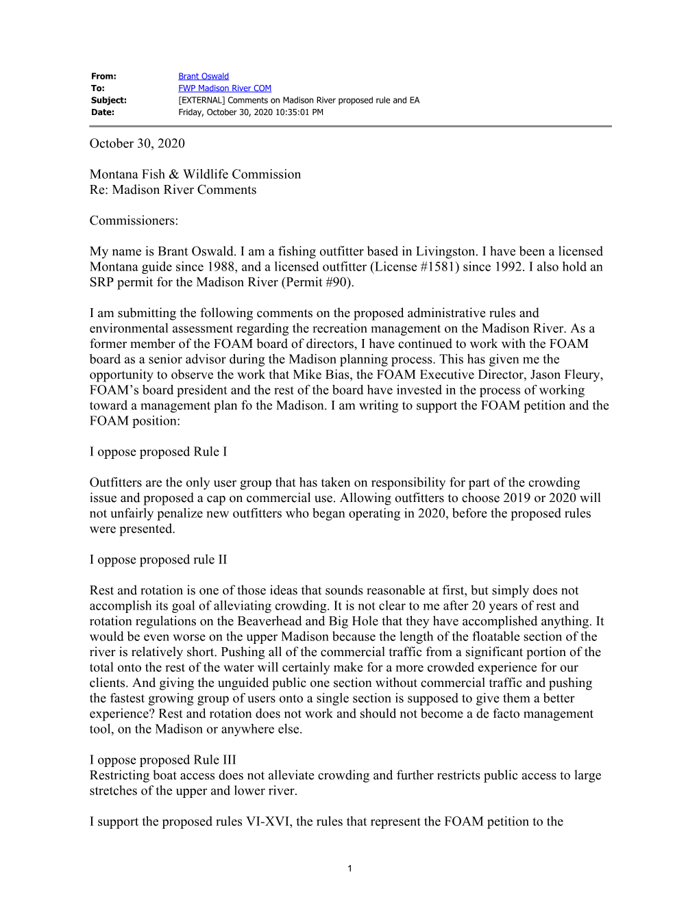 Madison River COM Subject: [EXTERNAL] Comments on Madison River Proposed Rule and EA Date: Friday, October 30, 2020 10:35:01 PM