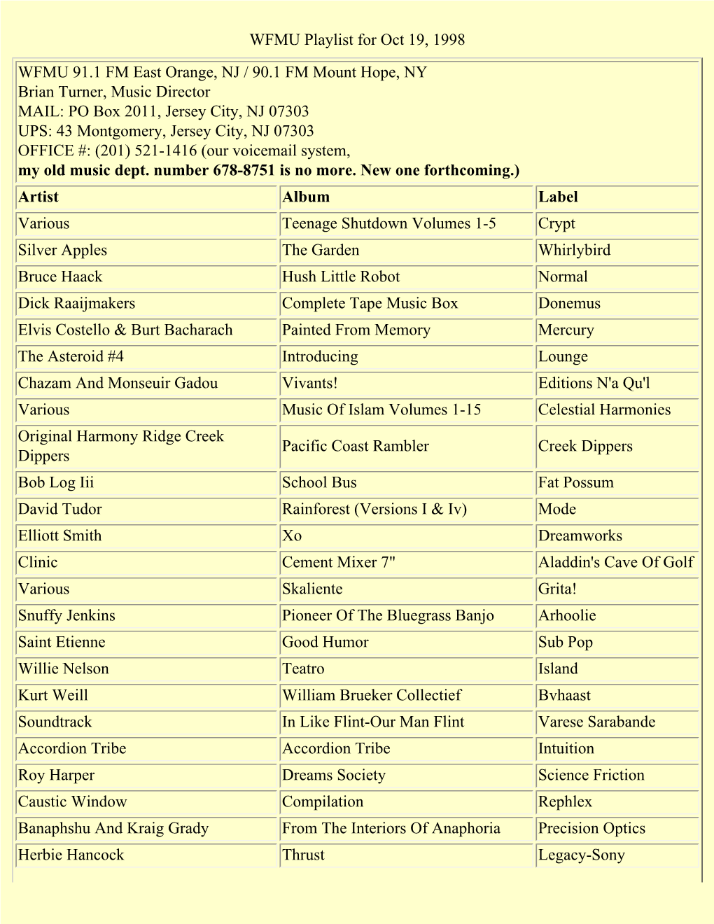 WFMU Playlist for Oct 19, 1998 WFMU 91.1 FM East