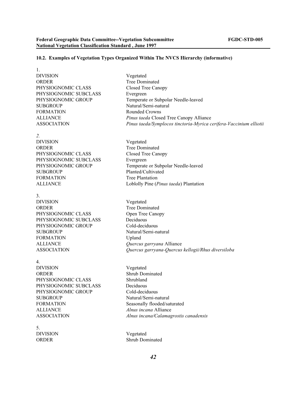 Federal Geographic Data Committee--Vegetation Subcommittee FGDC-STD-005 National Vegetation Classification Standard , June 1997