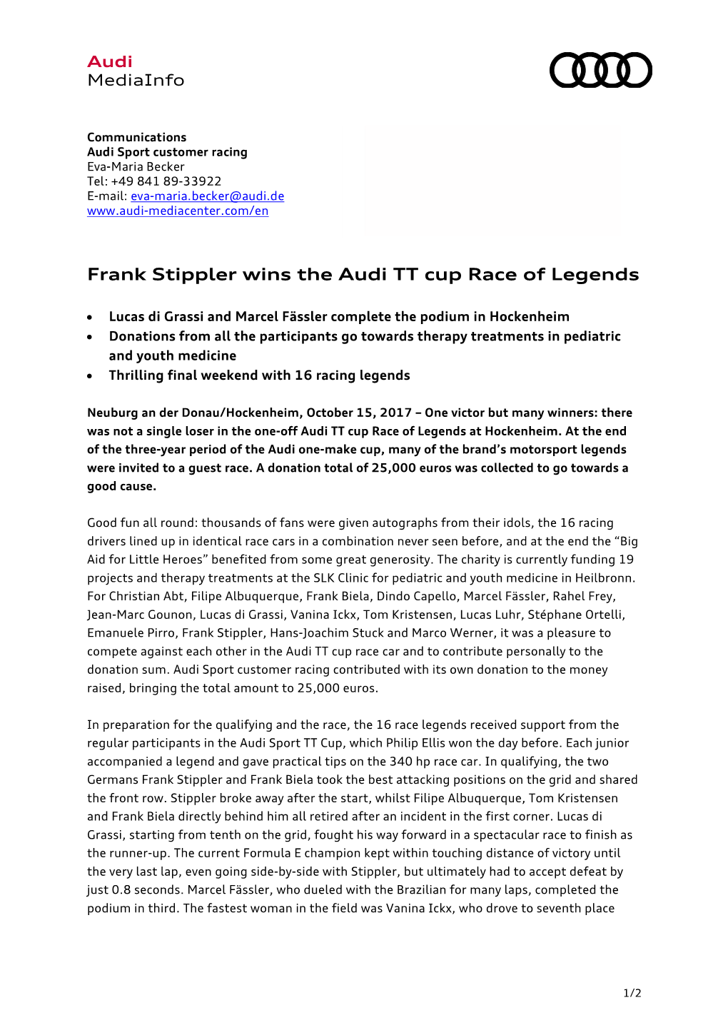 Frank Stippler Wins the Audi TT Cup Race of Legends