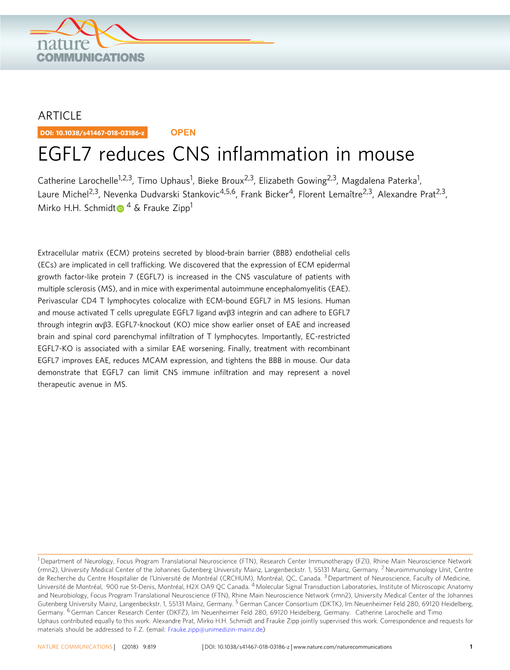 EGFL7 Reduces CNS Inflammation in Mouse