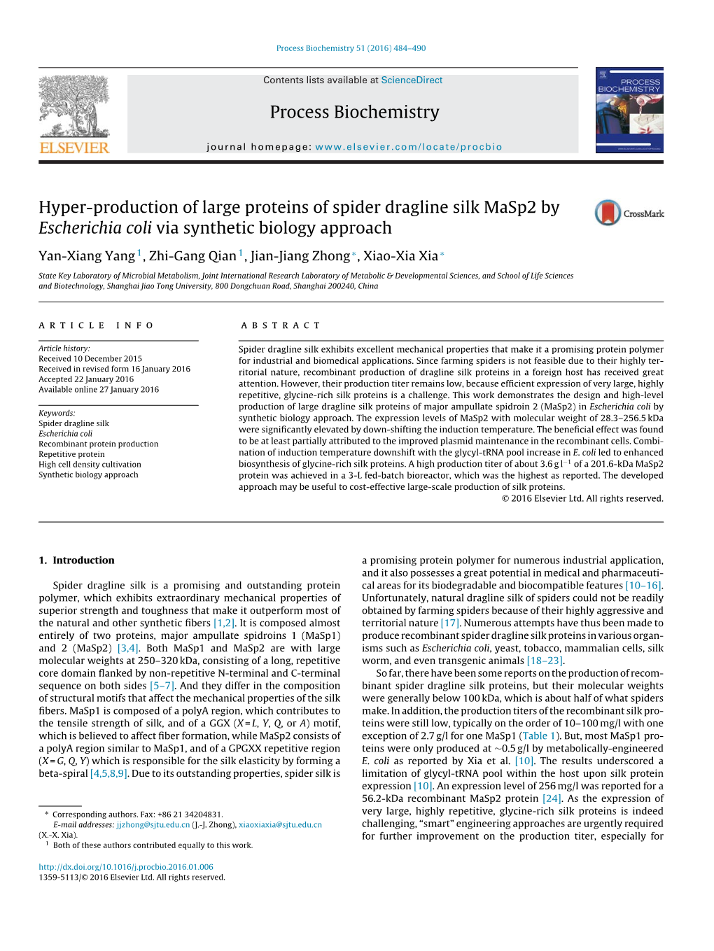 Hyper-Production of Large Proteins of Spider Dragline Silk Masp2 By