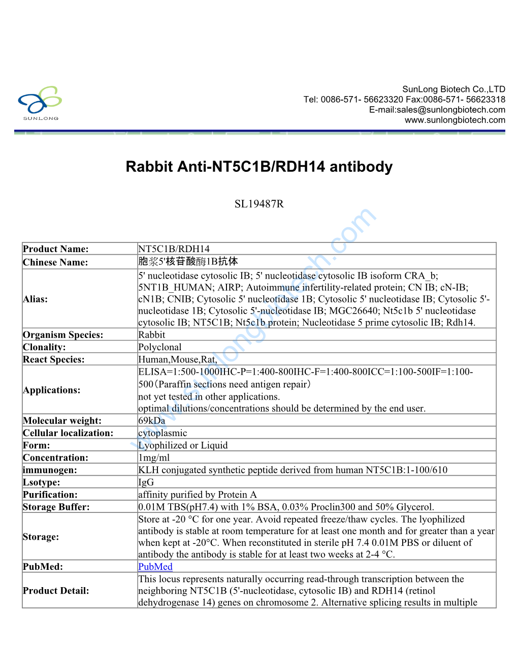 Rabbit Anti-NT5C1B/RDH14 Antibody-SL19487R