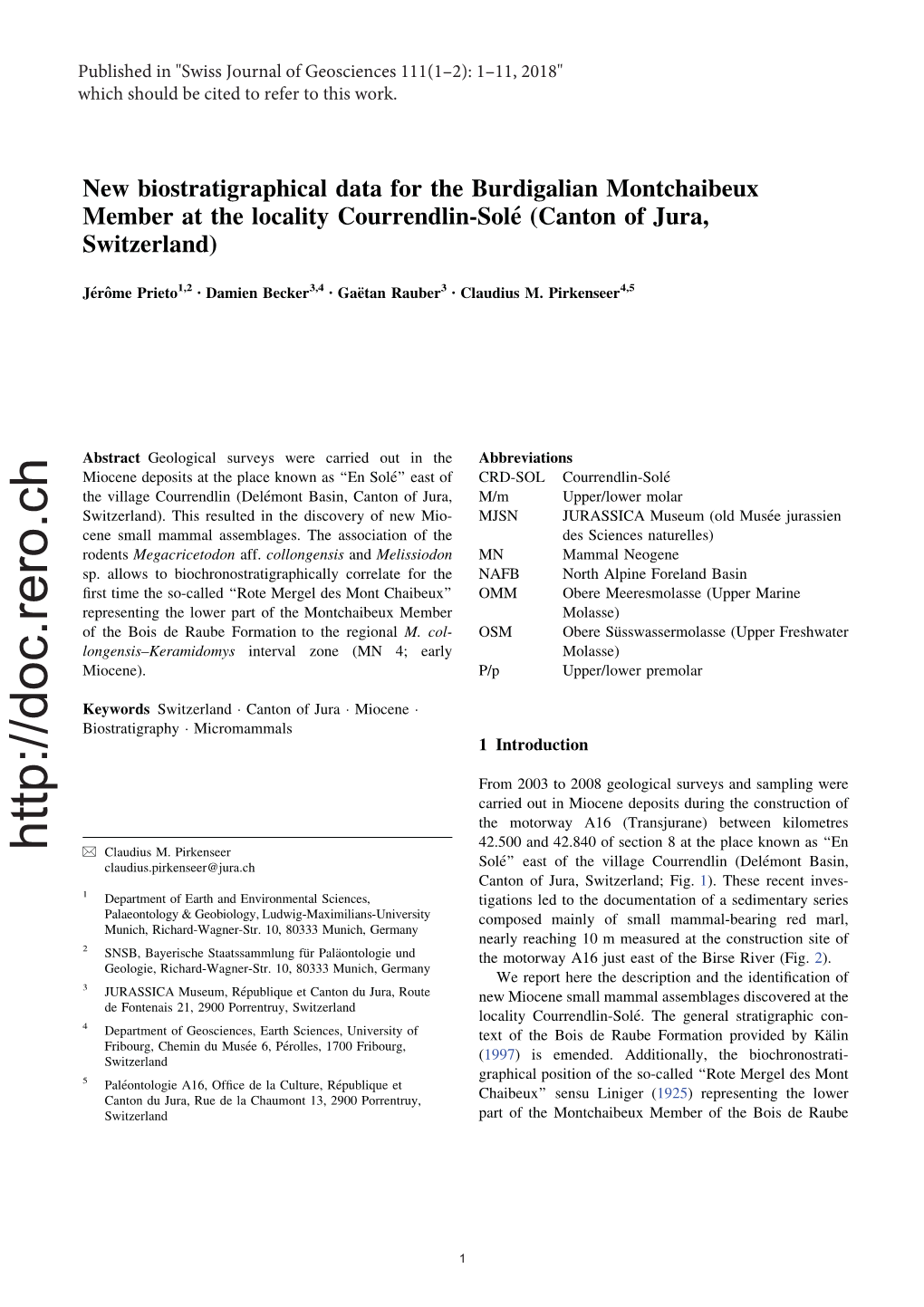 New Biostratigraphical Data for the Burdigalian Montchaibeux Member at the Locality Courrendlin-Sole´ (Canton of Jura, Switzerland)